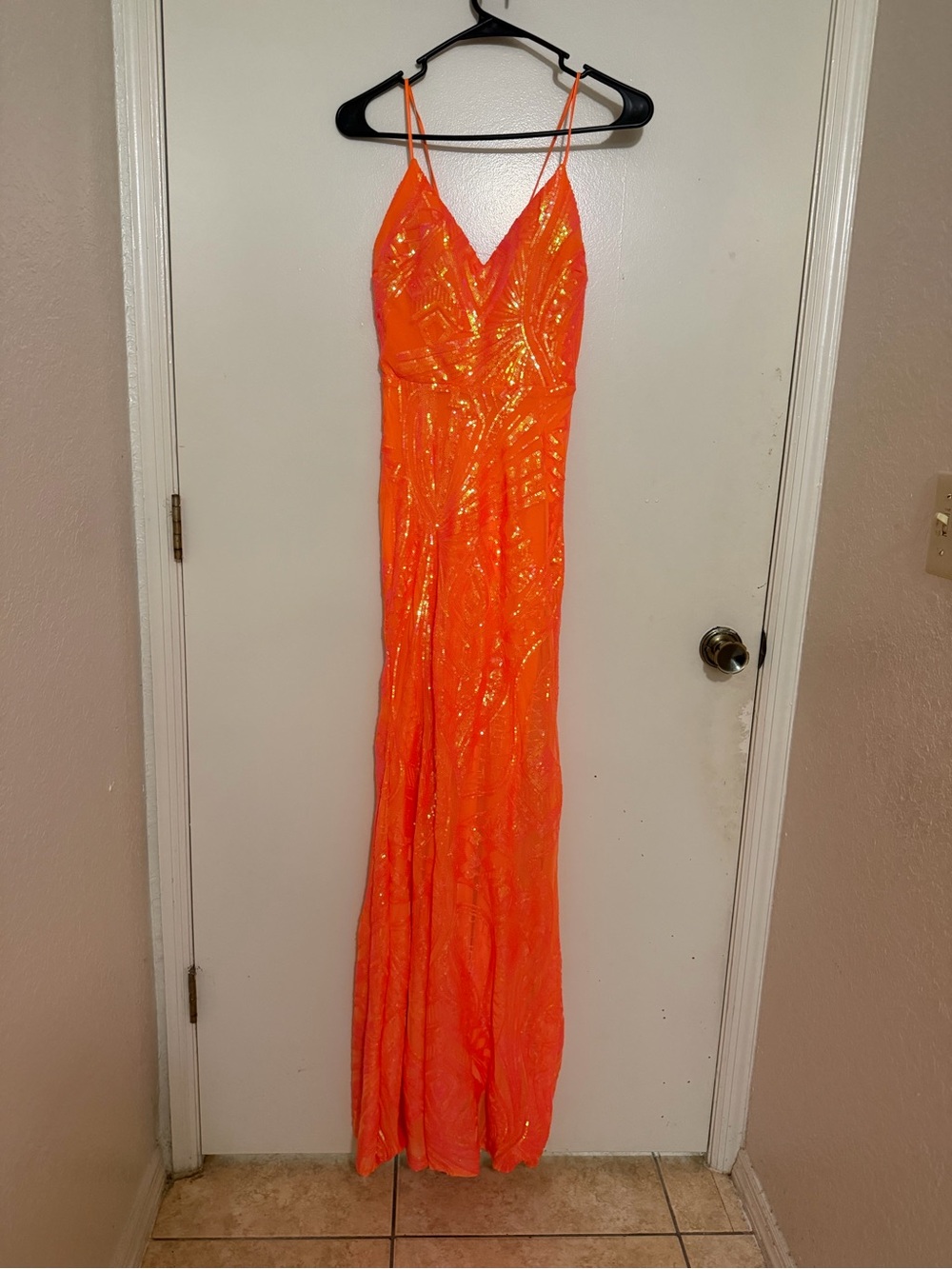 Bright Orange Sequin V-Neck Spaghetti Strap Prom Dress
